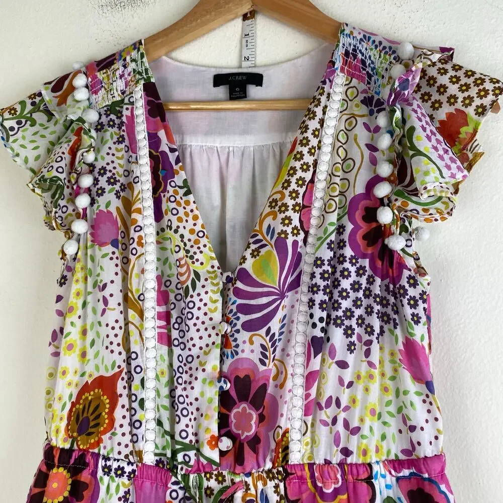 J.Crew Ratti Retro Floral Pom Pom Midi Dress White Size 6 AK624 - Picture 7 of 16